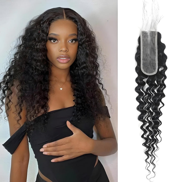 Model wearing long natural color 2×6 deep wave lace closure, highlighting full volume and flowing curly pattern.