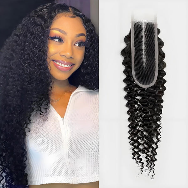 Side view of model with natural color 2×6 deep wave lace closure, highlighting pre-plucked part and voluminous curls.