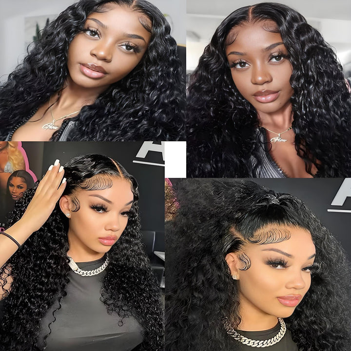 Model wearing natural color 2×6 deep wave lace closure with middle part, showing defined curls and natural hairline.