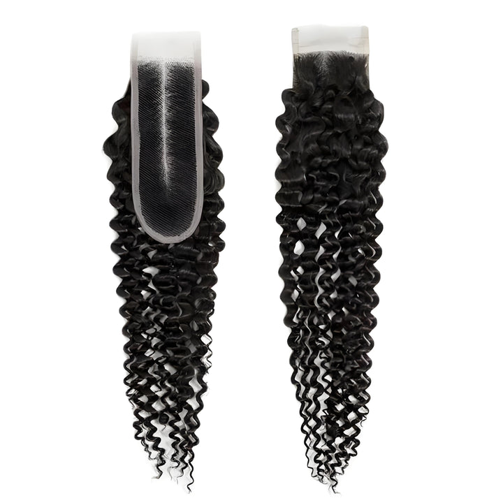 Two pieces of natural color 2×6 kinky curly lace closure placed side by side, showing lace structure and curl pattern.