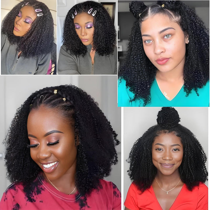Models wearing natural color 2×6 kinky curly lace closure styled in different ways, showing voluminous curls and natural look.