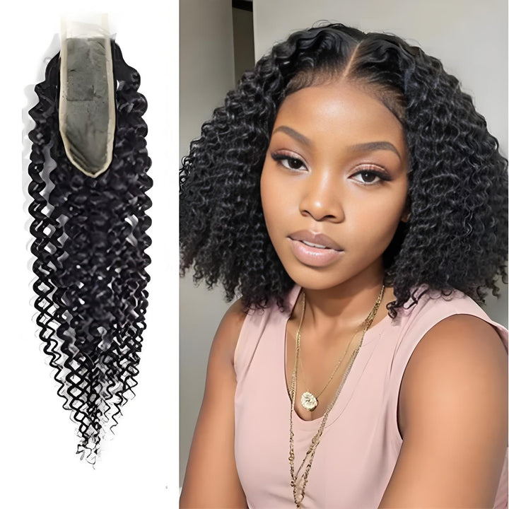 Model showcasing natural color 2×6 kinky curly lace closure in a short bob style with defined kinky curls.
