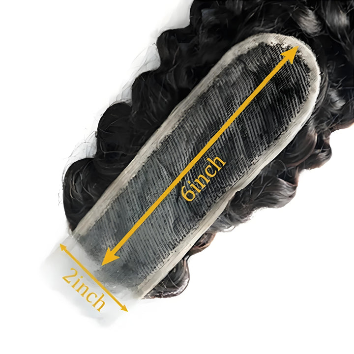 Detailed image of 2×6 kinky curly lace closure in natural color, showing lace size measurement 2 inch by 6 inch.
