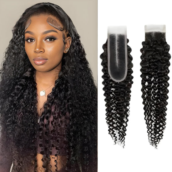 Model wearing natural color 2×6 kinky curly lace closure, paired with close-up of closure piece showing natural curls.