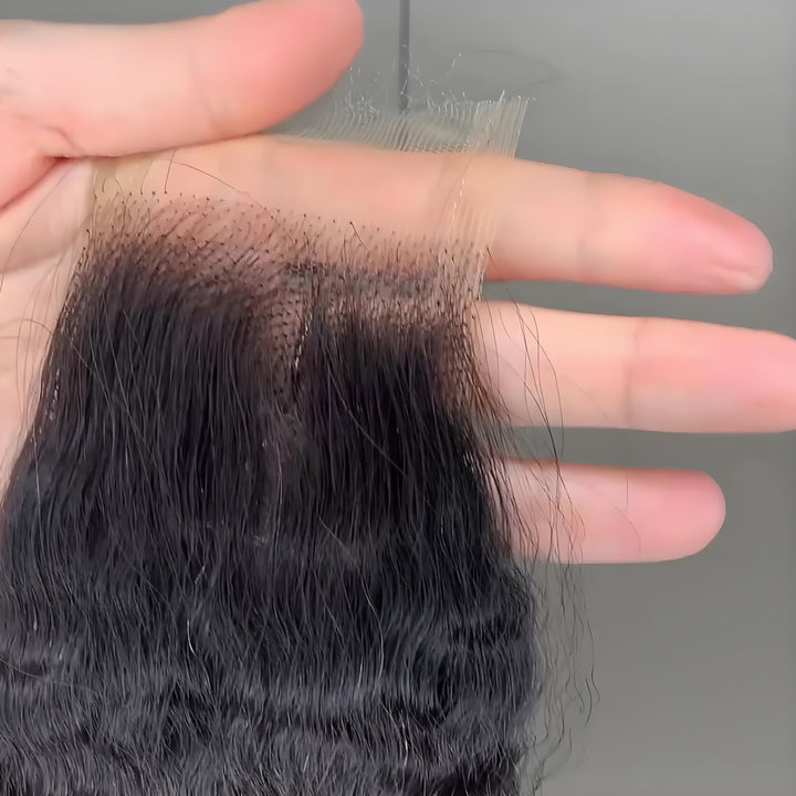 Close-up of HD transparent lace on 2×6 kinky straight closure natural color, showing delicate knots and lace details.