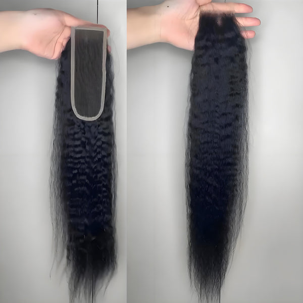 Front and back view of 2×6 kinky straight lace closure in natural color, showing lace base and full hair length.