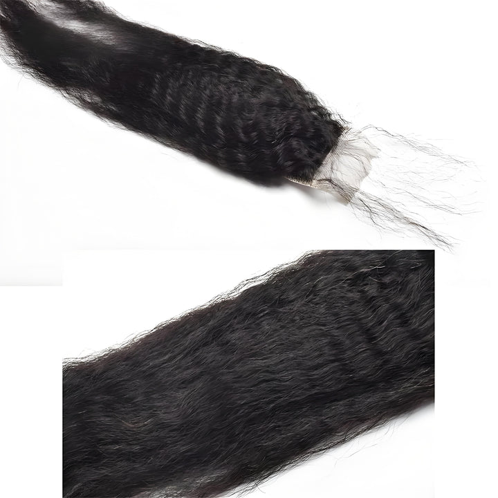 Detailed view of kinky straight hair fibers on 2×6 lace closure natural color, showing fullness and healthy strands.
