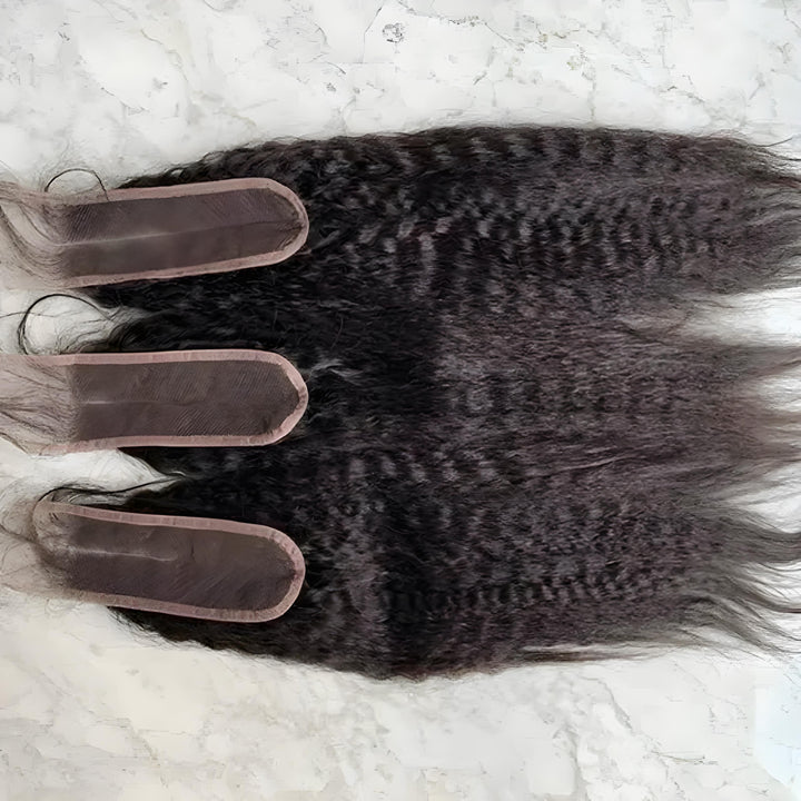 Three 2×6 kinky straight lace closures in natural color displayed side by side, highlighting density and lace size.