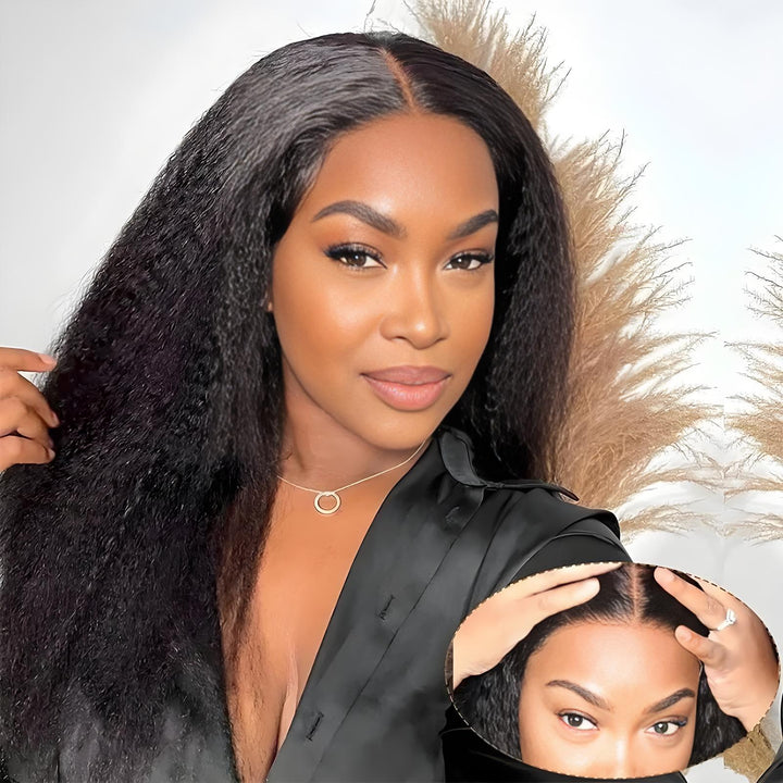 Model wearing 2×6 kinky straight lace closure in natural color, showing sleek natural parting and voluminous style.