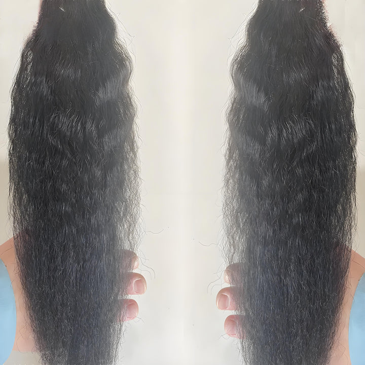 Close-up of kinky straight lace closure natural color hair texture, highlighting thick and soft strands.