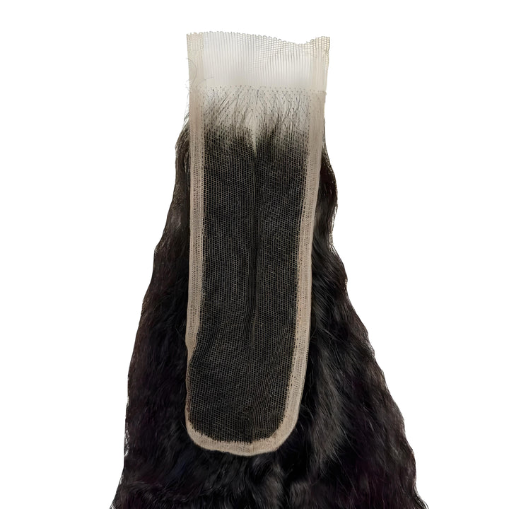 Top view of 2×6 kinky straight lace closure natural color with transparent lace construction and parting space.