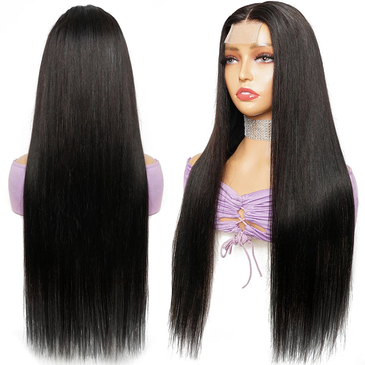 Front and back view of 2×6 lace closure wig in natural color straight texture, featuring long flowing length and smooth finish.