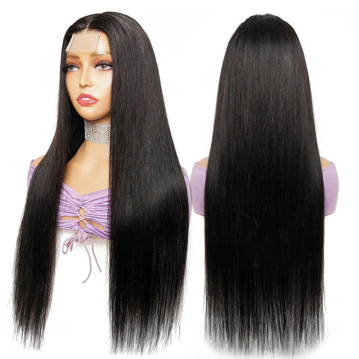 Front and back mannequin view of 2×6 lace closure wig in natural color straight texture, highlighting long sleek style and natural lace closure.