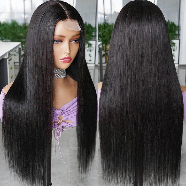Mannequin front and back display of 2×6 lace closure wig natural color straight, featuring long smooth hair and realistic lace middle part.