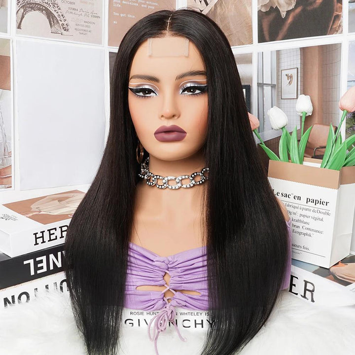 Mannequin display of 2×6 lace closure wig in natural color straight texture, showing natural middle part and long sleek length.