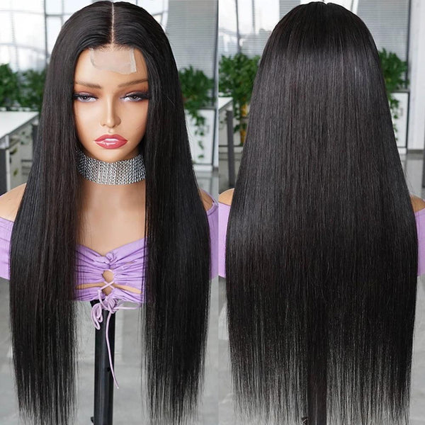 Two-angle mannequin display of 2×6 lace closure wig natural color straight hair, highlighting middle lace part and extended long length.