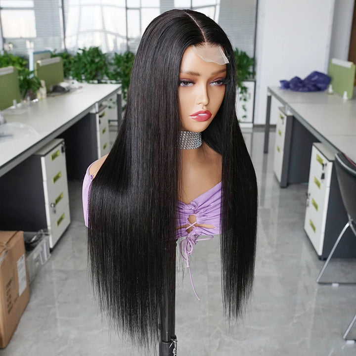 Side-angle mannequin view of 2×6 lace closure wig natural color straight, showing silky texture and natural lace hairline with long length.