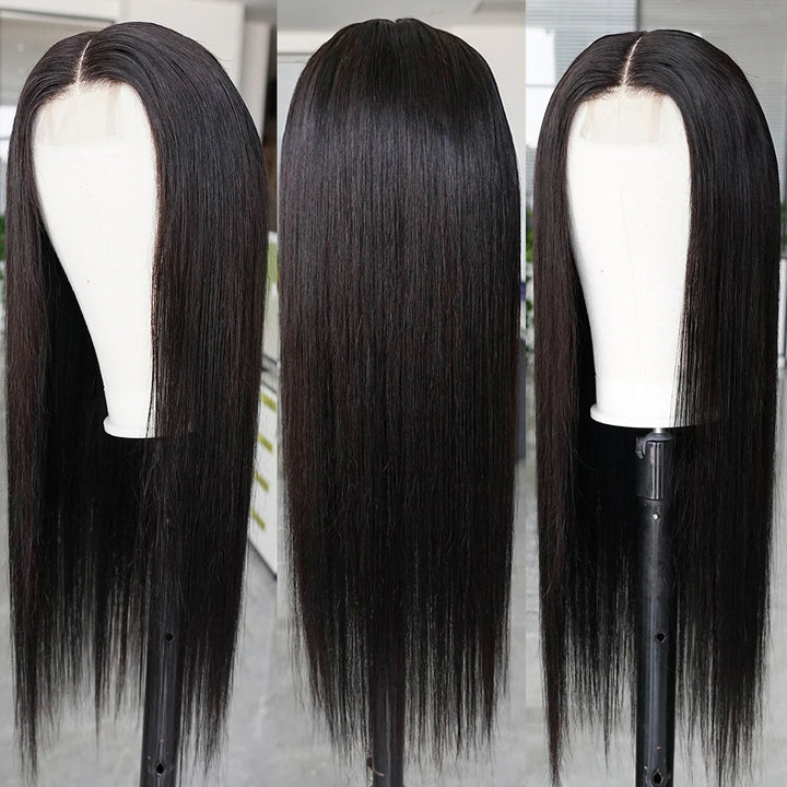 Multi-view wig stand display of 2×6 lace closure wig in natural color straight style, with long sleek strands and clear lace parting.