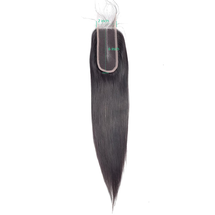 Top view of 2×6 straight lace closure in natural color, showing lace size measurements with smooth silky hair.