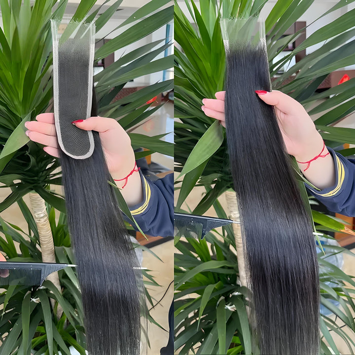 Hand holding natural color 2×6 straight lace closure against green background, showing smooth straight texture.