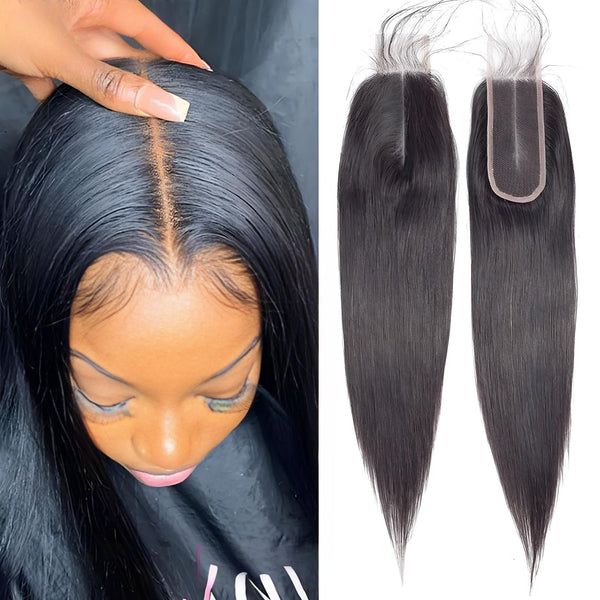 Model wearing natural color straight 2×6 lace closure with defined middle part, shown alongside product pieces.