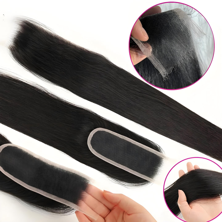 Close-up of natural color straight 2×6 lace closure showing lace transparency and silky strands.