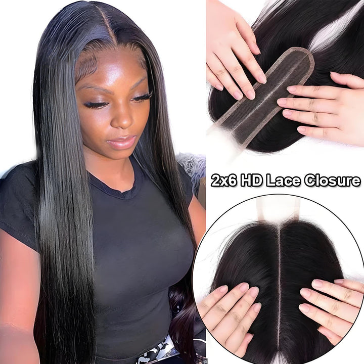 Model wearing sleek natural color straight hair with 2×6 lace closure, shown with close-up of HD lace.