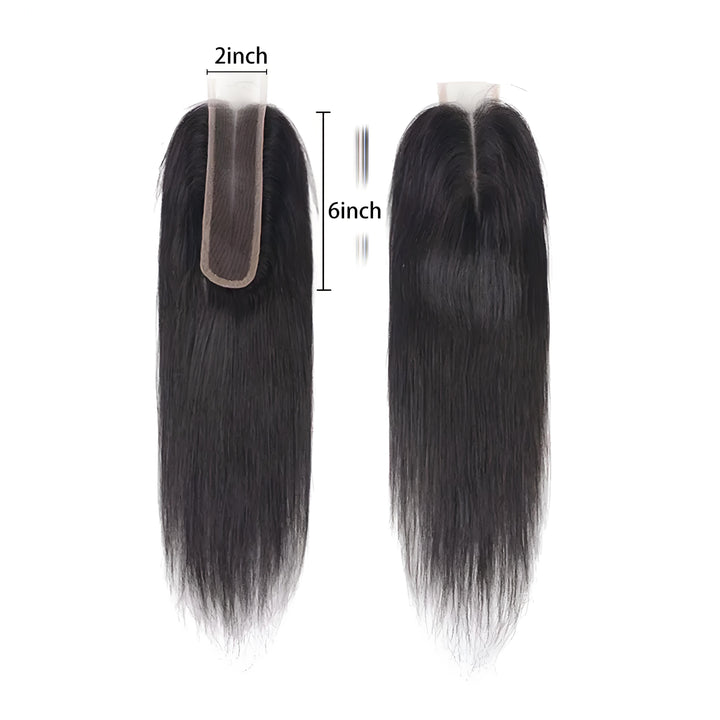 Two pieces of 2×6 straight lace closure in natural color, with clear measurement labels on lace area.