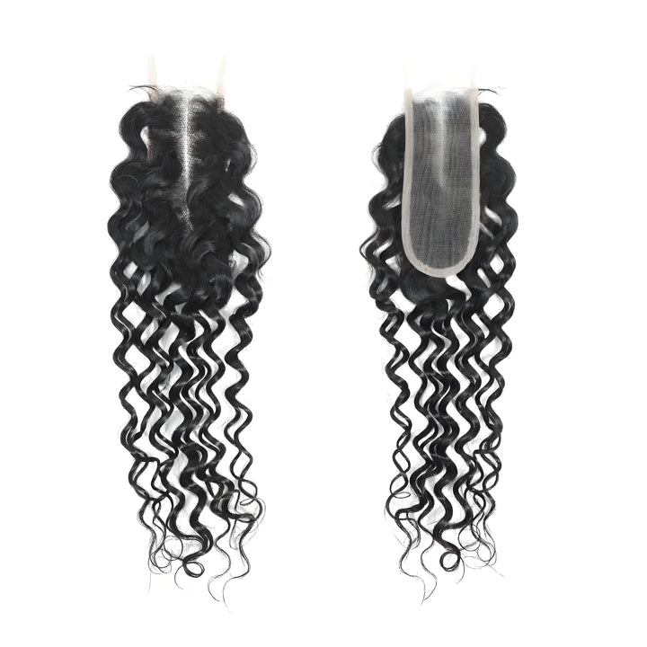 Front and back view of 2×6 water wave lace closure in natural color, highlighting lace parting and curl pattern.