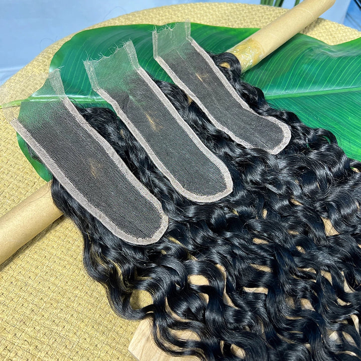 Three pieces of 2×6 water wave lace closures in natural color, shown laid flat with lace base visible.