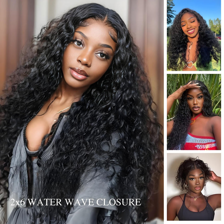 Collage of models wearing 2×6 water wave lace closure in natural color, showing different hairstyles and looks.