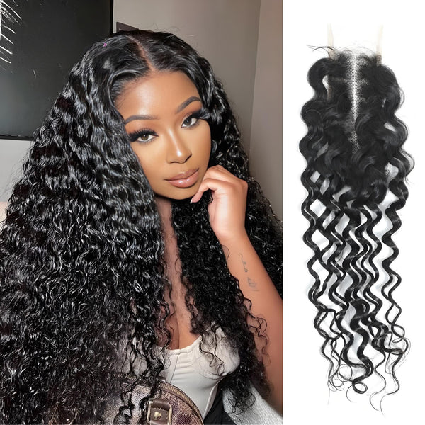 Model wearing natural color 2×6 water wave lace closure, showing deep parting and voluminous curls.