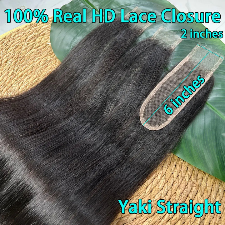 Close-up of 2×6 Yaki straight lace closure in natural color, with HD lace and dimension markings of 2 inch by 6 inch.