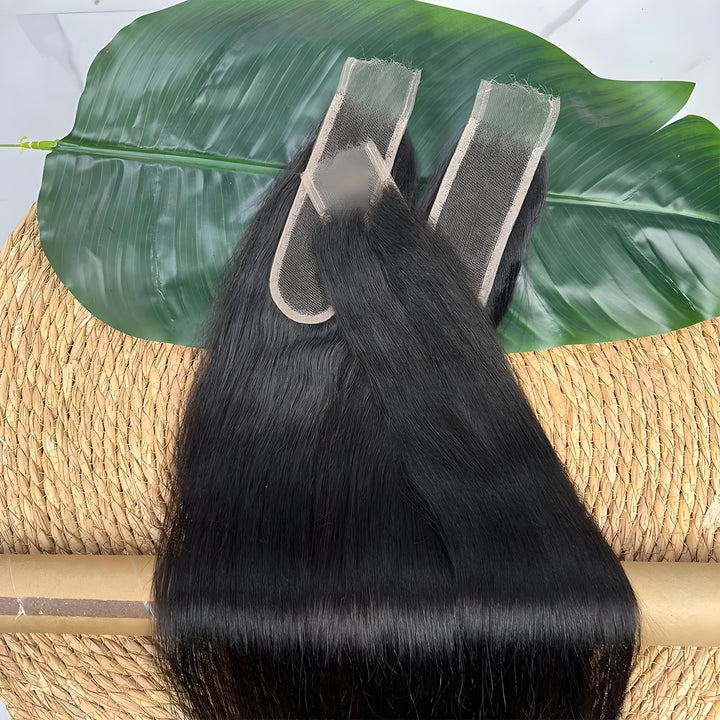 Two Yaki straight 2×6 lace closures in natural color displayed together on bamboo stick with transparent lace base.