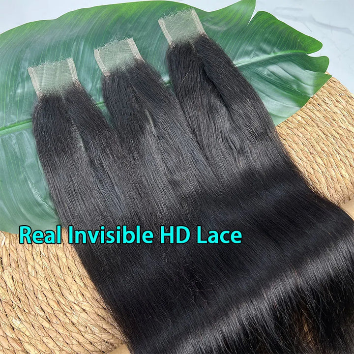 Three pieces of 2×6 Yaki straight lace closures in natural color, showing real invisible HD lace on green leaf background.