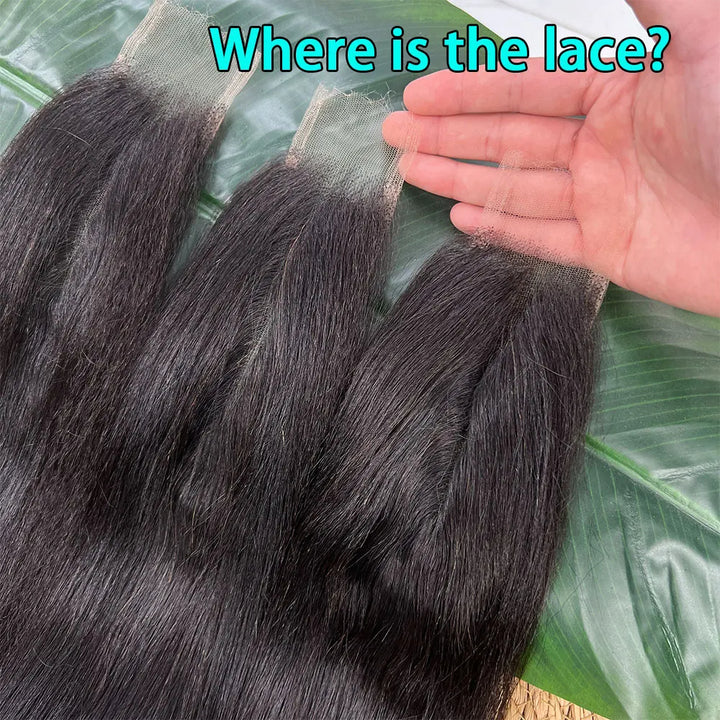 Hand holding Yaki straight 2×6 lace closure in natural color, showing soft transparent lace blending seamlessly with skin.
