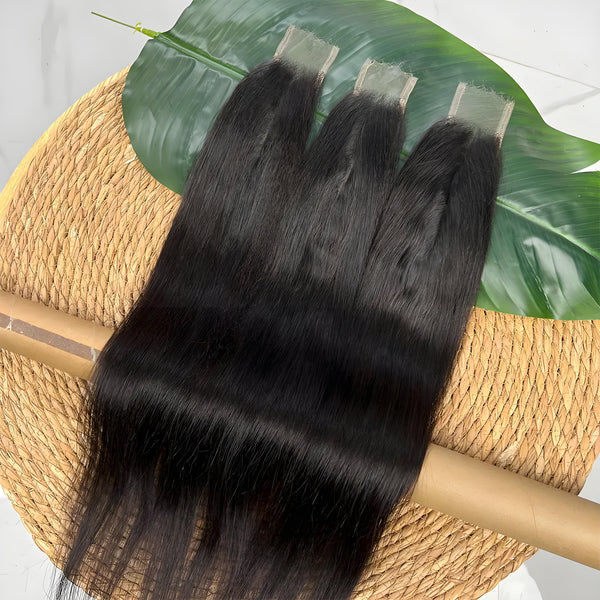 Three 2×6 Yaki straight lace closures in natural color shown side by side on green leaf background.