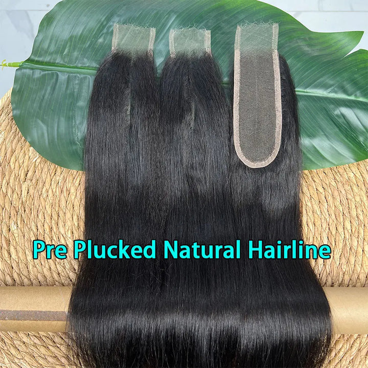Three pieces of Yaki straight 2×6 lace closures in natural color, showing pre-plucked hairline and natural texture.