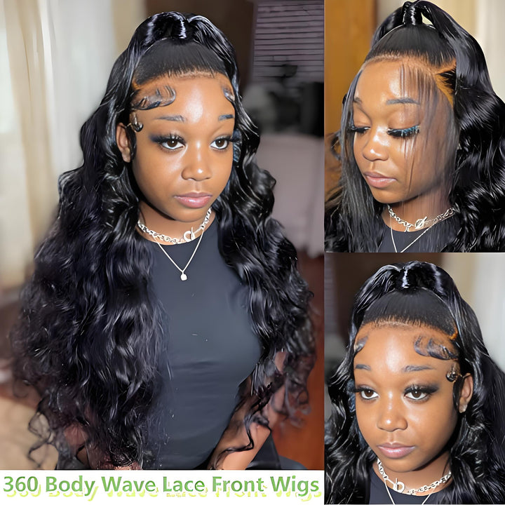 Close-up of 360 body wave lace wig on model, showing frontal hairline, baby hairs, and styling in soft curls.