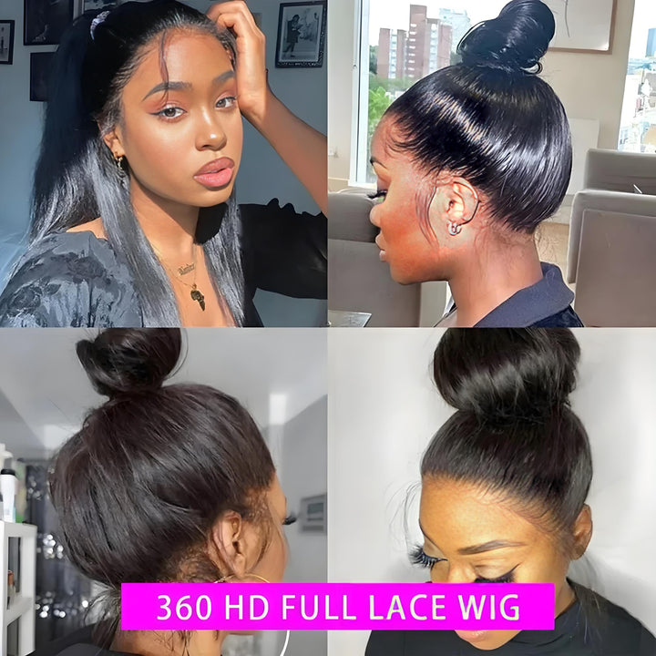 Four hairstyles with 360 HD lace wig including bun and half-up looks showing versatility and natural finish.