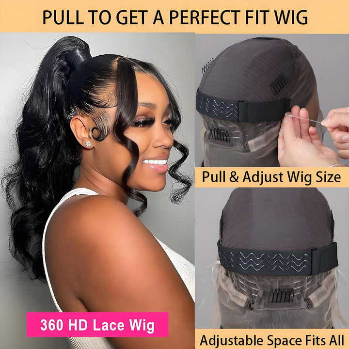 360 HD lace wig with adjustable elastic band demonstrated in close-up to show how to tighten for a secure fit.