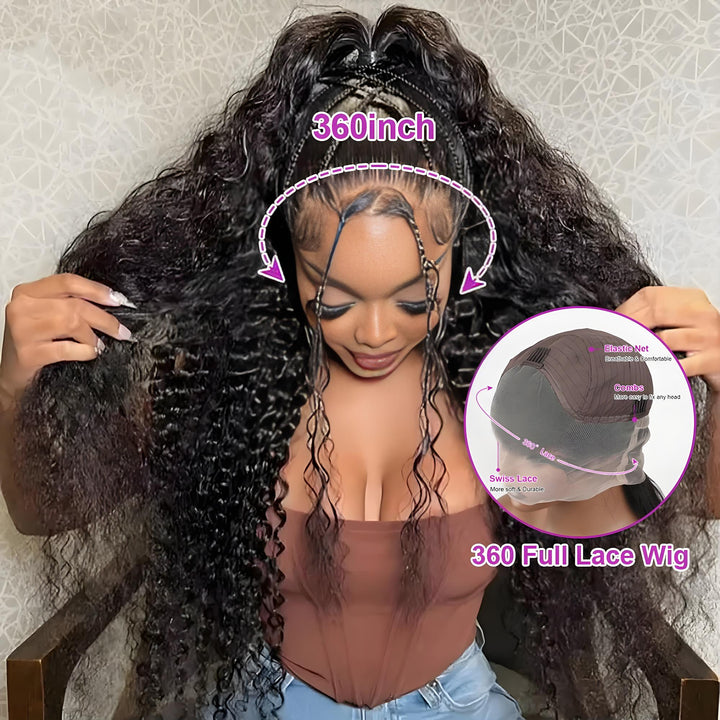 Demonstration of 360 full lace wig cap structure with highlighted Swiss lace, elastic net, and combs for secure and flexible fit.