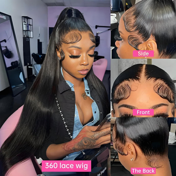 Front, side, and back close-up views of sleek 360 lace wig with sculpted baby hairs and natural edges.