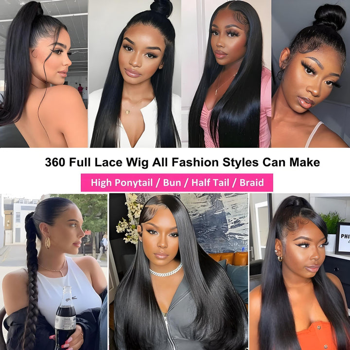 Compilation of 360 full lace wig styles including ponytail, braid, bun, and straight looks on various models.
