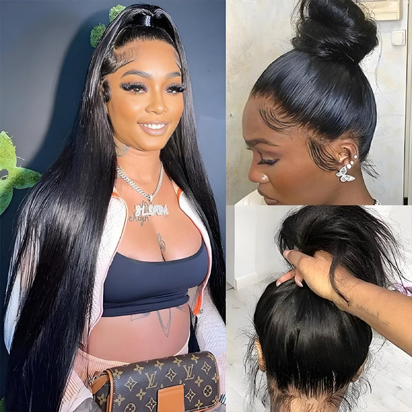 Model showcasing 360 lace wig in sleek high bun and half-up style, highlighting pre-plucked hairline and natural baby hairs.