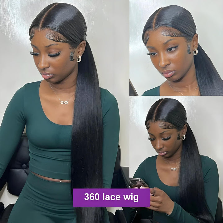 Model wearing low ponytail with 360 lace wig, detailed baby hair and lace blend creating a flawless finish.