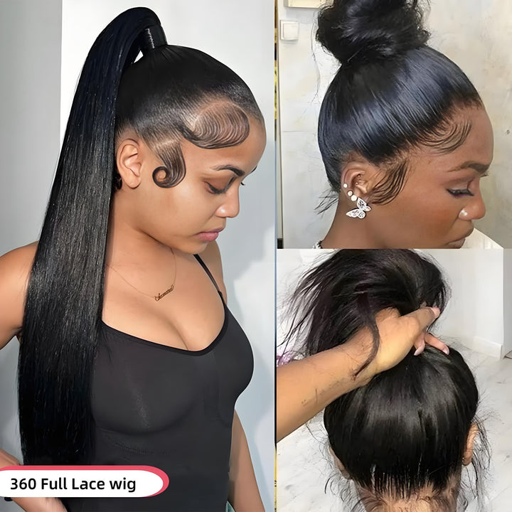 Side and back views of 360 full lace wig styled in sleek bun, highlighting natural baby hairs and lace fit.