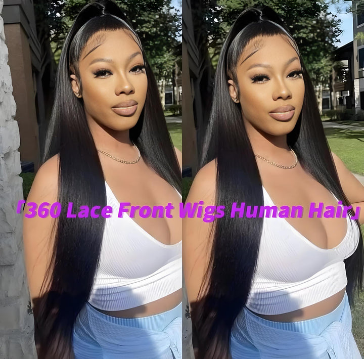 Woman wearing 360 lace front wig outdoors, showing long straight natural black hair and seamless lace hairline.