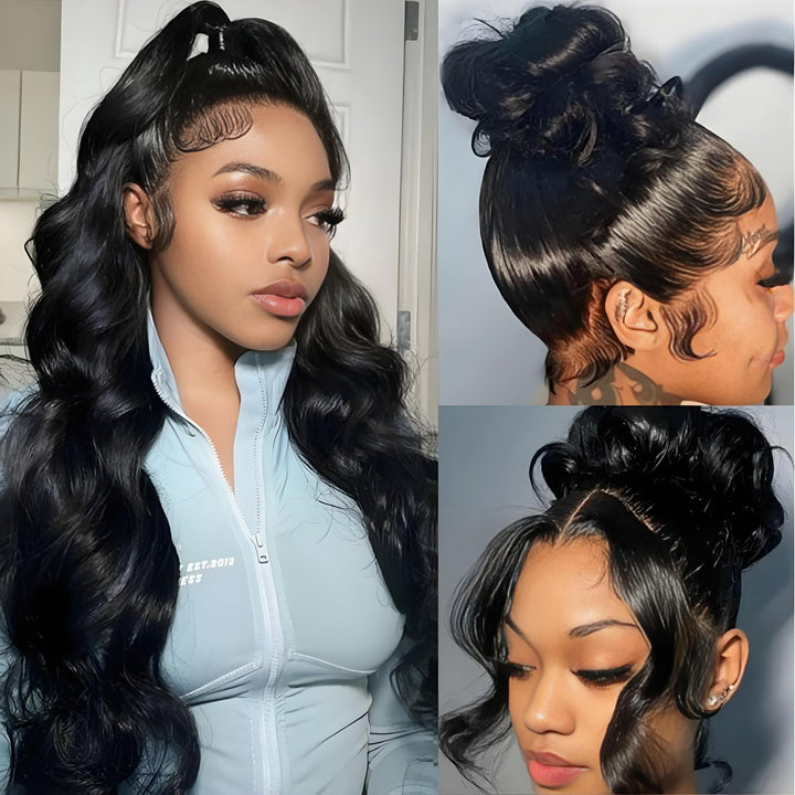 Model shows 360 lace wig in voluminous body wave texture, styled in bun and ponytail to highlight natural baby hair.