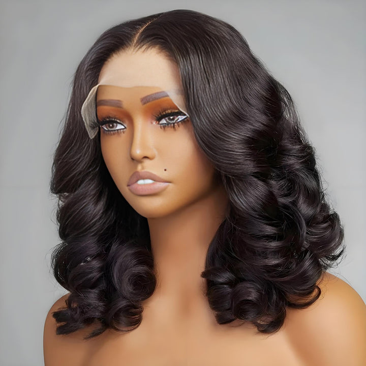 Model showing 4x4 HD lace bob wig in natural color with body wave curls.